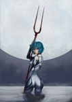 absurdres ass ayanami_rei blue_hair breasts cloud cloudy_sky highres holding holding_weapon lance_of_longinus lips looking_back neon_genesis_evangelion night night_sky nose plugsuit red_eyes reflection short_hair sky standing wading water weapon yuuuuuuuuuuuuka 