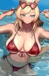  1girl 360_(taiyo360) absurdres alternate_costume animal_ear_fluff animal_ears arknights bikini blonde_hair blue_eyes blush breasts closed_mouth fang hands_up heart heart-shaped_eyewear highres horse_ears large_breasts long_hair nail_polish partially_submerged red_bikini skin_fang solo swimsuit tail water whislash_(arknights) 