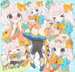  >_< 1girl :3 :d animal_on_head black_pantyhose blue_boots blue_dress blue_eyes blush blush_stickers boots bow bowtie canvas_(object) cat chibi closed_eyes closed_mouth commentary crown dress english_commentary full_body gingham_background hair_bow hair_intakes highres long_hair long_sleeves marimari_(vtuber) mooosikasite multiple_views nose_blush on_head open_mouth orange_bow orange_bowtie pantyhose phase_connect second-party_source smile standing virtual_youtuber white_hair wide_sleeves 