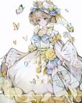  1girl absurdres accurate_lolita_coord blonde_hair blue_eyes blue_ribbon border bug butterfly commentary commission dress dress_flower flower hair_ornament highres lolita_fashion long_dress long_sleeves looking_at_viewer original peach_pit! puffy_long_sleeves puffy_sleeves ribbon solo sweet_lolita watermark white_background yellow_flower 