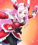  bow breasts choker cleavage cure_passion fresh_precure! haruyama_kazunori heart higashi_setsuna long_hair magical_girl medium_breasts open_mouth outstretched_arms pantyhose pink_eyes pink_hair precure smile solo white_choker 
