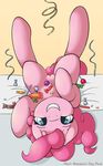  absurd_res bed blue_eyes candy clitoris equine female feral friendship_is_magic fur hair hi_res horse legs_up lollipop looking_at_viewer lying mammal my_little_pony on_back pink_fur pink_hair pinkie_pie_(mlp) pony pussy ratofdrawn shaded simple_background smile solo streamers teeth upside_down 