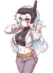  1girl alternate_costume belt black_sweater blush breasts commentary commission cowboy_shot cropped_jacket cropped_sweater dog_tags english_commentary eyes_visible_through_hair goddess_of_victory:_nikke grey_pants headgear highres jacket long_hair long_sleeves looking_at_viewer medium_breasts midriff navel open_clothes open_jacket open_mouth orange_belt pants rampa93 simple_background snow_white_(nikke) solo sweater very_long_hair white_background white_hair white_jacket yellow_eyes 