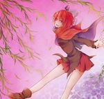  blouse bow cape hair_bow leaf long_sleeves miniskirt open_mouth outstretched_arms pleated_skirt red_eyes red_hair red_skirt sekibanki short_hair skirt solo star_(sky) touhou willow yuki_hiyoko_(bluishsky) 