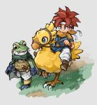  2boys artist_name belt bird blue_eyes blue_gloves blue_tunic boots brown_boots cape chocobo chrono_trigger closed_mouth commentary_request crono_(chrono_trigger) final_fantasy frog_(chrono_trigger) frog_boy full_body gloves grass green_cape headband highres holding holding_reins looking_at_another male_focus multiple_boys pants red_hair reins riding riding_animal riding_bird sheath sheathed short_hair spiked_hair sword tunic uzutanco weapon white_headband white_pants 