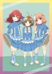  3girls animal_slippers antenna_hair arm_behind_head bloomers blue_dress blue_flower blue_headband blue_skirt blue_socks bocchi_the_rock! brown_hair cardcaptor_sakura clothes_lift commission cosplay crossover dress flower frilled_dress frills full_body gochuumon_wa_usagi_desu_ka? gradient_background green_background green_eyes hair_ornament hairclip happy headband highres hoto_cocoa interlocked_fingers juliet_sleeves kinomoto_sakura kinomoto_sakura_(cosplay) kinomoto_sakura_(gift) kita_ikuyo lolita_fashion long_sleeves looking_at_viewer multiple_girls official_alternate_costume open_mouth orange_hair puffy_long_sleeves puffy_sleeves purple_eyes red_hair runa44 short_hair skirt skirt_lift slippers smile socks sweet_lolita white_bloomers 