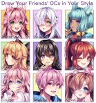  1boy 6+girls :3 :d :| ;d \||/ ahoge animal_ear_fluff animal_ears aqua_hair bandaid bandaid_on_cheek bandaid_on_face bell bell_earrings black_bow black_hair blonde_hair blue_eyes blue_hoodie blush border borrowed_character bow brown_eyes brown_hair cat_ears cat_girl choker close-up closed_mouth collarbone collared_shirt commentary dark-skinned_female dark_skin double-parted_bangs earrings english_commentary english_text expressionless eyepatch finger_to_cheek fingernails frilled_bow frills green_eyes grin hair_bell hair_between_eyes hair_bow hair_flaps hair_ornament hair_over_one_eye hand_on_own_cheek hand_on_own_chin hand_on_own_face hand_up heart heart_eyepatch high_ponytail hood hood_down hoodie huge_ahoge index_finger_raised jewelry jingle_bell lips long_hair long_sleeves looking_ahead looking_at_viewer mole mole_under_mouth multiple_drawing_challenge multiple_girls one_eye_closed one_eye_covered open_mouth original outside_border parted_lips pink_bow pink_eyes pink_hair ponytail portrait puffy_long_sleeves puffy_sleeves purple_eyes raised_eyebrows round_teeth sasucchi95 scar scar_on_face shirt short_hair sidelocks simple_background sleeves_past_wrists smile sweatdrop swept_bangs tareme teeth tongue twintails upper_teeth_only wavy_hair white_border white_choker white_hair white_hoodie white_shirt yellow_eyes 