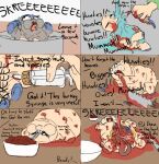 2020 abuse ambiguous_gender ambiguous_human animal_abuse anus blood blood_from_wound blue_hair blue_hooves bodily_fluids character_prepared_as_food comic cooking_pot cross_section crying digital_media_(artwork) disembowelment dismemberment english_text exposed_muscle female female_feral feral fluffy_pony fluffy_pony_(species) food fruit fur genitals gore grey_body grey_fur guts hair hooves human injection intestines knife light_body light_skin lying mammal nekuchan nut_(fruit) on_back organs pain pained_expression plant severed_body_part suffering syringe tears text torture vulva water wounded