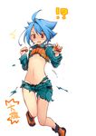  1boy blue_hair blush commentary_request fingerless_gloves future_card_buddyfight gameplay_mechanics gloves kantai_collection male_focus navel open_mouth otoko_no_ko parody red_eyes ryuuenji_tasuku simple_background solo thigh_gap tobi_(one) torn_clothes translated white_background wide_hips 