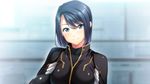  1girl blue_eyes blue_hair bodysuit breasts ears face game_cg happy helmet highres kawahara_makoto kudou_ryouko large_breasts looking_at_viewer nose short_hair simple_background smile solo sousei_kitan_aerial standing 