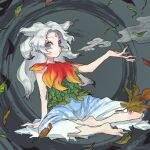  1girl barefoot blue_skirt bubble_print commentary facial_mark falling_leaves fingernails forehead_mark green_eyes green_shirt hand_up highres houjuu_chimi kijima_(amayadori-tei) leaf leaf_shirt long_fingernails long_hair parted_bangs pointy_hair shirt sitting skirt smoke smoke_trail solo touhou white_hair 