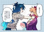  3girls anger_vein angry bangle blue_bow blue_eyes blue_hair blue_shirt blue_skirt blush bow bracelet closed_eyes coat commentary_request crossed_arms dress drill_hair earrings eye_contact grey_hoodie hair_bow hood hoodie jewelry long_hair looking_at_another multiple_girls necklace okunoda_miyoi open_clothes open_coat open_mouth pendant pink_coat pink_hair re_ghotion shirt short_sleeves siblings sisters skirt smile speech_bubble sweatdrop touhou translation_request very_long_hair whale_hat white_dress yorigami_jo'on yorigami_shion 
