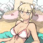  animal_ears bikini_top blonde_hair breasts cat_ears cleavage expressionless fanning_face front-tie_bikini front-tie_top kuraishi_tanpopo large_breasts reclining short_hair sketch slit_pupils solo_focus strap_gap tsukudani_(coke-buta) witch_craft_works yellow_eyes 