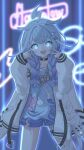  1girl :d ahoge backlighting black_choker blue_eyes blue_hair blue_shirt blue_shorts blunt_bangs braid braided_twintails center-flap_bangs choker clothes_writing commentary_request double-parted_bangs double_inward_v fang hair_flaps hair_ornament highres hololive hololive_dev_is jacket legs_apart lightning_ahoge long_hair long_sleeves looking_at_viewer low_twin_braids low_twintails mizuhi_kou mizumiya_su mizumiya_su_(1st_costume) multicolored_hair neon_lights o-ring o-ring_choker open_mouth overexposure pink_streaks shirt short_shorts shorts smile solo streaked_hair thigh_strap torn_clothes torn_shirt twin_braids twintails virtual_youtuber white_jacket x_hair_ornament 