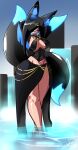 2023 absurd_res animal_humanoid armwear barbell_piercing barefoot big_breasts black_armwear black_body black_bottomwear black_clothing black_corset black_fur black_hair black_sclera black_skirt blue_body blue_eyes blue_fur blue_hair blue_highlights bottom_heavy bottomwear breasts canid canid_humanoid canine canine_humanoid clothing corset crossed_ankles detached_sleeves detailed_background dipstick_tail ear_piercing ear_ring eyewear feet female fog fox_ear fox_humanoid fox_tail full-length_portrait fur glasses glistening glistening_body gold_(metal) gold_ear_piercing gold_ear_ring gold_jewelry gold_necklace hair hair_over_eye half-closed_eyes hands_behind_head hi_res highlights_(coloring) honoka_(zedrin) hot_spring huge_hips humanoid industrial_piercing inner_ear_fluff jewelry lace lace_corset lidded_eyes lingerie long_hair long_skirt mammal mammal_humanoid markings midriff multi_tail multicolored_hair multiple_piercings narrowed_eyes nature nature_background navel necklace outside partially_submerged piercing portrait ring_piercing side_slit_clothing side_slit_skirt signature skirt sling_bra slit_skirt small_waist solo standing tail tail_markings topwear tuft two_tone_hair waist_accessory water wide_hips zedrin