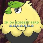  ambiguous_gender black_body browt emoji feathers generation_10_pokemon green_body leaf leaf_on_head meme nintendo photo_background photography_(artwork) pokemon pokemon_(species) psykwol side_view solo text yellow_body 