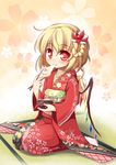  alternate_costume alternate_hairstyle baku-p blonde_hair bowl chopsticks eating flandre_scarlet food hair_ornament holding holding_bowl holding_chopsticks japanese_clothes kimono mochi red_eyes short_hair sitting smile solo touhou wagashi wings 