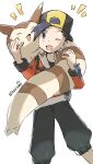  1boy ;d backwards_hat black_hair black_pants capri_pants commentary_request ethan_(pokemon) furret grey_eyes hat highres jacket light_blush long_sleeves male_focus one_eye_closed open_mouth pants pokegear pokemon pokemon_(creature) pokemon_hgss red_jacket short_hair shout_lines smile tankbumg teeth twitter_username upper_teeth_only white_background 