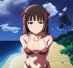  :t absurdres amami_haruka arms_behind_back beach bikini blush breasts brown_hair cloud day green_eyes highres idolmaster idolmaster_(classic) jitome looking_at_viewer medium_breasts navel outdoors pout rariemonn red_bikini ribbon sand short_hair sky solo swimsuit 