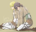  black_hair blonde_hair blue_eyes boots brown_background brown_footwear character_name christa_renz commentary_request dated emblem full_body hair_between_eyes jacket knee_boots kneeling light_smile multiple_girls paradis_military_uniform shingeki_no_kyojin short_hair short_ponytail signature simple_background sitting three-dimensional_maneuver_gear togami_(loveu) training_corps_(emblem) uniform ymir_(shingeki_no_kyojin) 