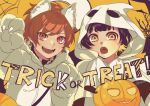  2boys aged_down animal_costume animal_ears bachira_meguru black_hair blonde_hair blue_lock blush chigiri_hyoma commentary_request ghost_costume highres jack-o'-lantern looking_at_viewer male_focus multicolored_hair multiple_boys open_mouth red_eyes red_hair short_hair trick_or_treat tsukky twitter_username two-tone_hair wolf_costume wolf_ears yellow_eyes 