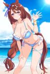  1girl absurdres animal_ears bare_shoulders bikini blue_bikini blue_bow blue_eyes blue_sky blush bow braid breasts brown_hair cleavage cloud collarbone commentary_request ear_bow frilled_bikini frills hair_between_eyes highres horse_ears horse_girl horse_tail large_breasts long_hair looking_at_viewer multicolored_hair navel nitamako_(sakamalh) ocean outdoors sky smile solo stomach streaked_hair super_creek_(umamusume) swimsuit tail umamusume very_long_hair water white_hair 