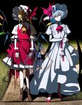  2girls absurdres alternate_headwear ascot bat_wings blonde_hair blue_hair brooch brown_shoes closed_mouth collared_dress commentary_request crystal crystal_wings dress flandre_scarlet frilled_shirt_collar frilled_skirt frills full_body hat highres jewelry looking_at_viewer meme meme_request multicolored_wings multiple_girls nubezon one_side_up pink_shoes red_ascot red_eyes red_skirt red_vest remilia_scarlet shoes siblings sisters skirt skirt_set touhou vest watermark white_dress white_hat wings wrist_cuffs yellow_ascot 