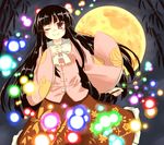  ;) absurdres bamboo black_hair branch danmaku full_moon highres hime_cut houraisan_kaguya jeweled_branch_of_hourai kibisake leaf_print long_hair long_sleeves moon night one_eye_closed shirt skirt smile touhou wide_sleeves 