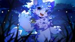16:9 2026 4_fingers anthro arthropod beetle biped blue_body blue_eyes blue_fur blush blush_lines canid canine canis cel_shading cool_colors cute_fangs digital_drawing_(artwork) digital_media_(artwork) elateroid fangs fingers firefly fluffy fluffy_tail forest forest_background full_moon fur grass hlg7777 inner_ear_fluff insect kemono light looking_at_viewer male mammal markings moon moonlight multicolored_body multicolored_fur nature nature_background night open_mouth open_smile outside plant shaded smile smiling_at_viewer solo standing tail teeth tree tuft wallpaper white_body white_fur widescreen wolf yellow_markings