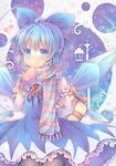  black_legwear blue_eyes blue_hair blush cirno ice ice_wings mittens pjrmhm_coa scarf solo touhou valentine wings winter_clothes 