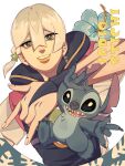  1boy \m/ absurdres black_eyes blonde_hair blue_bridal_gauntlets blue_overalls braid bridal_gauntlets commentary copyright_name crossover earrings flower green_eyes grey_shirt hair_between_eyes hair_ornament highres hood hood_down hooded_overalls jewelry jodio_joestar jojo_no_kimyou_na_bouken lilo_&amp;_stitch looking_at_viewer male_focus multicolored_hair open_mouth orange_lips overalls parted_lips sharp_teeth shirt short_hair short_sleeves side_braid simple_background single_braid single_earring siniy smile star_(symbol) star_hair_ornament stitch_(lilo_&amp;_stitch) teeth the_jojolands two-tone_hair untranslatable_commentary upper_body white_background 