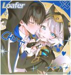  1boy 1girl animal_ear_hood animal_ears black_hair black_hoodie blue_eyes cat_ears cat_girl cat_tail cipher_(honkai:_star_rail) couple fang fingerless_gloves gloves gyum_(myyyyyon) hetero highres honkai:_star_rail honkai_(series) hood hooded_jacket hoodie hug jacket original tail white_hair 
