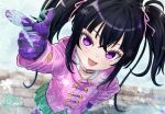  1girl :d black_hair commentary_request crossed_bangs eyelashes fang gloves green_skirt hand_on_own_hip highres kurisu_kaname l_hand looking_at_viewer looking_up open_mouth pink_ribbon pretty_rhythm pretty_rhythm_aurora_dream pretty_series purple_eyes purple_gloves purple_socks ribbon sidelocks skirt smile snowflakes snowing socks solo standing sumomo_yuu twintails 