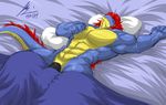  abs anthro arm_above_head bed biceps big_muscles big_penis black_penis blanket blue_dragon blue_skin bulge dragon eyes_closed flammars hair lying male miles muscles nude on_back open_mouth pecs penis pillow pose red_hair reptile scales scalie sheath sleeping slit solo thick_penis toned tongue yellow_skin 