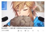  1boy artist_name asmr blonde_hair blue_tunic blurry blurry_background border brown_gloves champion's_tunic_(zelda) closed_eyes commentary_request earphones earrings eating english_text fake_video fingerless_gloves gloves hair_between_eyes indoors jewelry link low_ponytail loz_017 male_focus microphone open_mouth pointy_ears ponytail poster_(object) rock short_hair short_ponytail short_sleeves sidelocks solo teeth the_legend_of_zelda the_legend_of_zelda:_breath_of_the_wild thumbs_down thumbs_up tunic upper_body white_border youtube 