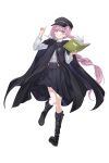 1girl :d absurdres artist_request black_boots black_coat black_skirt black_socks book boots braid braided_ponytail coat field_cap full_body hand_on_own_hip hat highres holding holding_book legs_apart long_hair long_sleeves looking_at_viewer military_hat open_book pink_eyes pink_hair semba_tsuruko shirt sidelocks skirt smile socks solo standing suspender_skirt suspenders swept_bangs tachi-e transparent_background tribe_nine white_shirt 