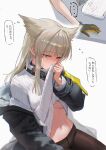  1girl absurdres animal_ears arknights arknights:_endfield bird_ears black_jacket black_pantyhose blue_eyes blush breasts clothes_lift commentary_request cosplay endministrator_(arknights) female_endministrator_(arknights) female_endministrator_(arknights)_(cosplay) grey_hair grey_sweater highres implied_yuri jacket lifting_own_clothes medium_breasts navel no_pants panties pantyhose perlica_(arknights) smelling smelling_clothes solo speech_bubble stomach sweater sweater_lift translation_request underwear uof white_background yuri 