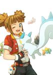  1girl ;d belt belt_buckle black_gloves black_shorts blue_eyes blunt_bangs brown_hair buckle bulbasaur celebi commentary english_commentary eyelashes fingerless_gloves gloves grovyle highres iriknight jacket kate_(pokemon) one_eye_closed open_clothes open_jacket open_mouth pachirisu pokemon pokemon_(creature) pokemon_mystery_dungeon pokemon_ranger:_shadows_of_almia pokemon_ranger_(series) red_belt red_jacket short_sleeves shorts smile teeth tongue torchic white_background 