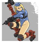  ahoge blonde_hair blue_eyes blue_leotard braid cammy_white covered_navel dual_wielding garrison_cap gun gunspike hat holding holster huge_ahoge inline_skates knee_pads leotard long_hair one_knee ribbed_leotard roller_skates shoulder_holster skates solo submachine_gun twin_braids unko_(ilovewas) weapon 