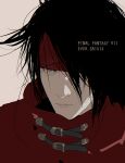  1boy belt_buckle black_hair buckle cloak closed_mouth commentary copyright_name d.k final_fantasy final_fantasy_vii final_fantasy_vii:_ever_crisis hair_over_one_eye headband long_hair male_focus messy_hair red_cloak red_eyes red_headband simple_background solo untranslatable_commentary upper_body vincent_valentine 