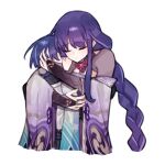  1boy 1girl animal_print bird_print birthmark black_bodysuit black_bridal_gauntlets black_hair black_shorts blunt_bangs blunt_ends bodysuit braid bridal_gauntlets closed_eyes commentary cropped_torso english_commentary eyelashes eyeliner facing_down furisode genshin_impact gold_ring gold_trim grey_shrug hand_on_another's_arm hand_on_another's_head height_difference highres hug japanese_clothes kimono long_hair long_single_sidelock low-braided_long_hair low-tied_long_hair makeup middle_ring mitsudomoe_(shape) moo_(moo_8986) mother_and_son multicolored_hair off_shoulder parted_bangs purple_hair raiden_shogun red_eyeliner scaramouche_(genshin_impact) shorts shrug_(clothing) streaked_hair tomoe_(symbol) wanderer_(genshin_impact) white_kimono 