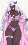  1girl bare_shoulders bra breasts cleavage collarbone dark-skinned_female dark_skin heart highres jacinthe_(pokemon) large_breasts long_hair long_sleeves looking_at_viewer navel open_clothes open_mouth open_robe panties pink_robe pokemon pokemon_legends:_z-a purple_bra purple_eyes purple_hair purple_nails purple_panties robe smile solo sparkle stomach teeth thigh_strap underwear very_dark_skin yobi_(ybpac18) 
