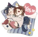  +++ 1boy 1girl ;3 animal_ears ayase_momo ball bare_shoulders barefoot black_hair blush bra_strap brown_eyes brown_hair cat_ears cat_tail closed_mouth comimingming crossed_bangs cuddling dandadan dog_ears dog_tail earrings extra_ears flying_sweatdrops from_above full_body glasses grey_hoodie grey_shirt hair_between_eyes heart highres hood hood_down hoodie hug jewelry kemonomimi_mode looking_at_viewer lying lying_on_person off-shoulder_shirt off_shoulder on_back on_side one_eye_closed pillow pink_thighhighs round_eyewear shirt short_hair sparkle squiggle stirrup_legwear tail takakura_ken_(dandadan) thighhighs toeless_legwear yes-no_pillow 