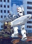  alternate_color beam_rifle beam_saber building camouflage commentary_request energy_gun gun gundam holding holding_gun holding_shield holding_weapon mecha mobile_suit photoshop_(medium) retro_artstyle rifle robot rx-78-2 shield skyscraper standing sword taganer v-fin war weapon zaku_ii 