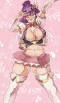  blush breasts cleavage cosplay cure_lovely cure_lovely_(cosplay) grin happinesscharge_precure! huge_breasts looking_at_viewer miniskirt navel one_eye_closed pink_skirt precure purple_eyes red_eyes short_hair skirt smile solo thighhighs touhou v white_legwear yasaka_kanako yohane 