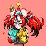  1girl animal_ear_fluff animal_ears asymmetrical_sleeves black_gloves black_hair black_streaks blowing_kiss blue_eyes blush cheese choker commentary ddolbang dice dice_hair_ornament double-parted_bangs food gloves hair_between_eyes hair_ornament hakos_baelz hakos_baelz_(1st_costume) hands_on_own_face hat heart highres hololive hololive_english key midriff mouse_ears multicolored_hair one_eye_closed party_hat pink_background red_hair single_glove spiked_choker spikes standing streaked_hair twintails uneven_twintails upper_body virtual_youtuber white_hair 