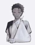  1boy absurdres ameuma_break bandage_on_face bandages bandaid bandaid_on_face bruise bruise_on_face cast collarbone greyscale hair_slicked_back highres hospital_gown injury looking_at_viewer male_focus monochrome natsuki_subaru open_mouth re:zero_kara_hajimeru_isekai_seikatsu shirt short_hair short_sleeves simple_background smile solo upper_body 