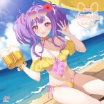  1girl alcohol antenna_hair bare_shoulders beach beer bikini bracelet breasts choker cleavage commission cup day dodosako drinking_glass eyewear_on_head flower flower-shaped_pupils flower_bracelet front-tie_bikini_top front-tie_top gradient-tinted_eyewear hair_flower hair_ornament hand_up hands_up heart heart-shaped_eyewear hibiscus highres holding holding_cup indie_virtual_youtuber jewelry long_hair looking_at_viewer medium_breasts multicolored_hair navel ocean open_mouth outdoors purple_hair red_eyes side-tie_bikini_bottom sitting skeb_commission smile solo stomach streaked_hair string_bikini sunglasses swimsuit symbol-shaped_pupils thighs tinted_eyewear twintails virtual_youtuber yellow_bikini yellow_choker 