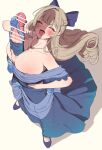  1girl autopaizuri autopaizuri_under_clothes bar_censor bare_shoulders blonde_hair blue_bow blue_dress blue_flower blue_nails blue_rose blue_shoes blush bow braid breasts censored closed_eyes commentary_request curled_ends dress dress_flower erection flower from_above full_body futanari gigantic_penis hair_bow half_up_braid hand_on_own_hip hand_up highres huge_breasts jewelry long_hair masturbation nail_polish necklace off-shoulder_dress off_shoulder ojou-sama_pose open_mouth original paizuri penis penis_ribbon penis_shadow ribbon rose shoes sidelocks smile solo standing yana_(nekoarashi) 