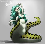 2023 absurd_res anaconda animal_humanoid belly boa_(snake) boa_sandersonia boinae breasts female female_pred green_hair grey_background group hair hi_res humanoid one_piece oral_vore reptile reptile_humanoid rochin1000 scalie scalie_humanoid simple_background snake snake_humanoid vore yellow_eyes